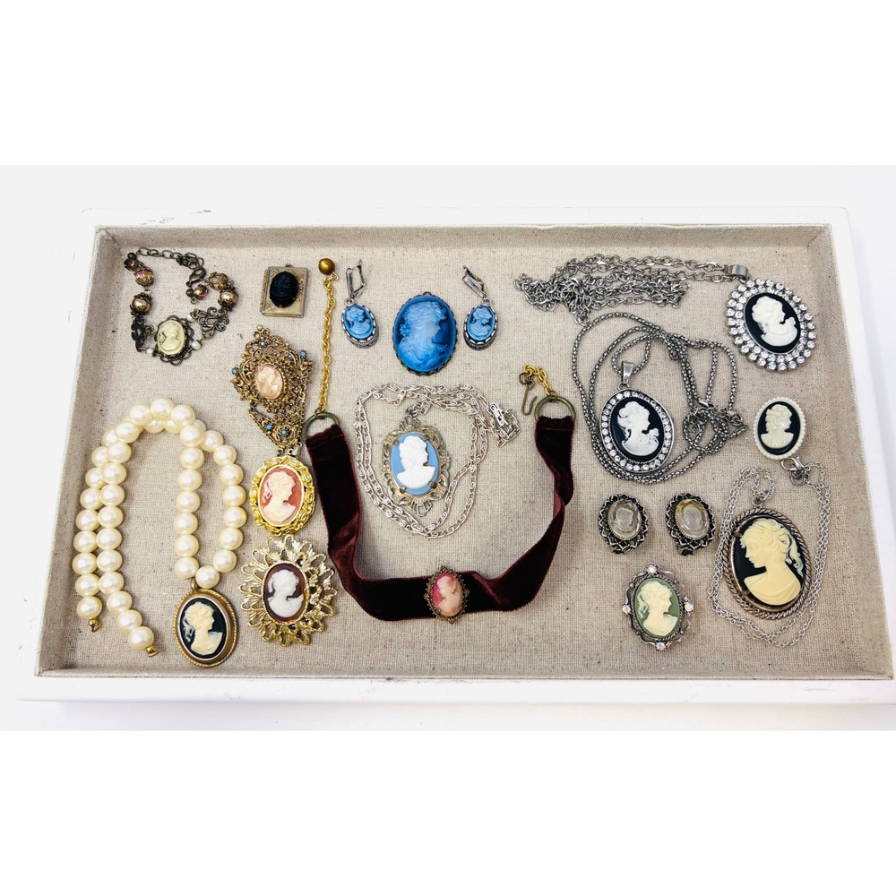 Vintage Cameo Gold & Silver Tone Brooch, Necklaces, Earrings Mixed Estate Lot 17